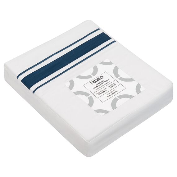 Комплект постельного белья из сатина белого цвета с темно-синим кантом из коллекции Essential, 200х220 см, изображение 5