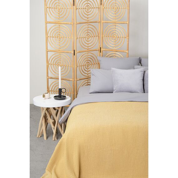 Покрывало из жатого хлопка горчичного цвета  из коллекции Essential, 230х250 см, изображение 2