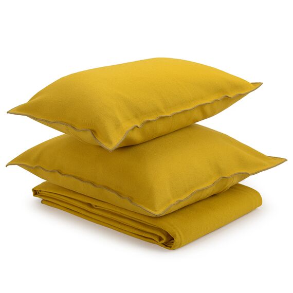 Чехол на подушку из фактурного хлопка горчичного цвета с контрастным кантом из коллекции Essential, 45х45 см, изображение 5
