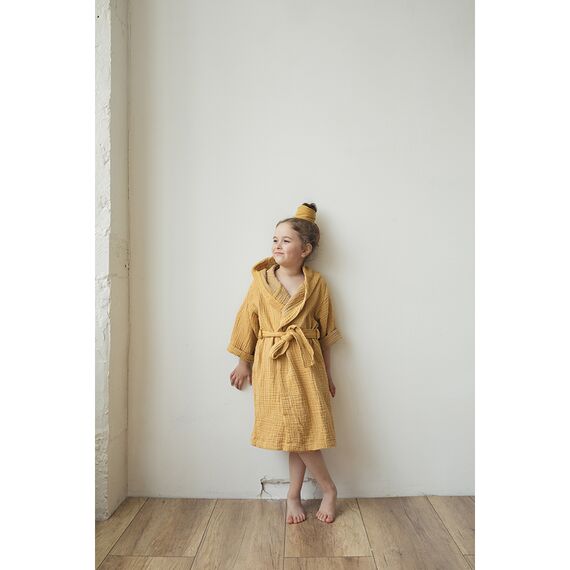 Халат из жатого хлопка горчичного цвета из коллекции Essential 18-24M, изображение 3