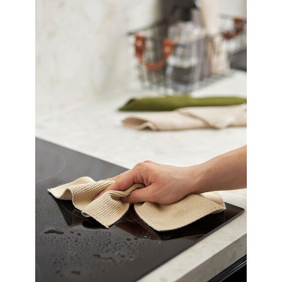 Набор из трех вязаных салфеток для уборки и мытья посуды бежевого и оливкового цветов из коллекции Essential, 28х28 см, Tkano, изображение 5
