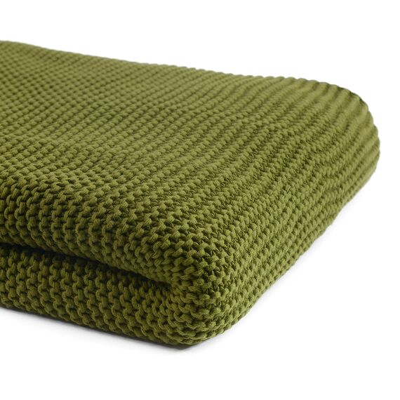 Плед из хлопка жемчужной вязки оливкового цвета из коллекции Essential, 130х180 см, изображение 11