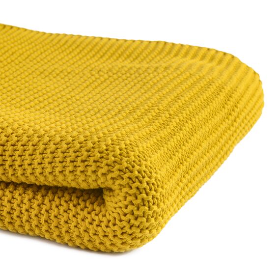 Плед из хлопка жемчужной вязки горчичного цвета из коллекции Essential, 130х180 см, изображение 4