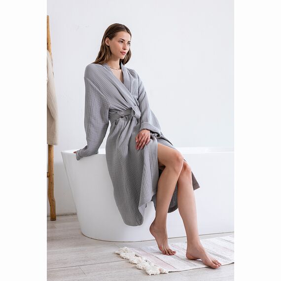 Халат из многослойного муслина серого цвета из коллекции Essential, размер M, Tkano, изображение 4